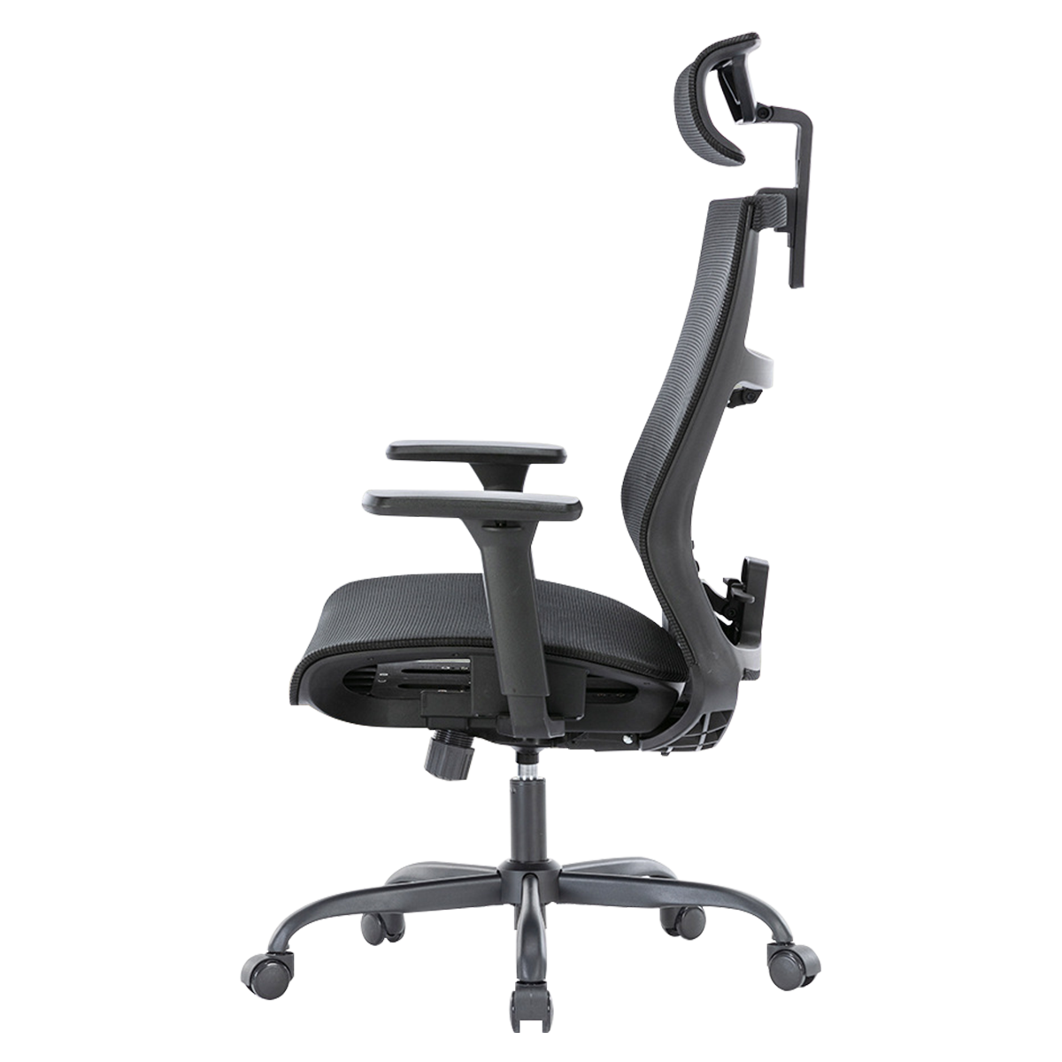 Cadeira de escritório com suporte lombar ajustável - Detalhe do mecanismo de ajuste para cima e para baixo, otimizado para reduzir a pressão na cintura