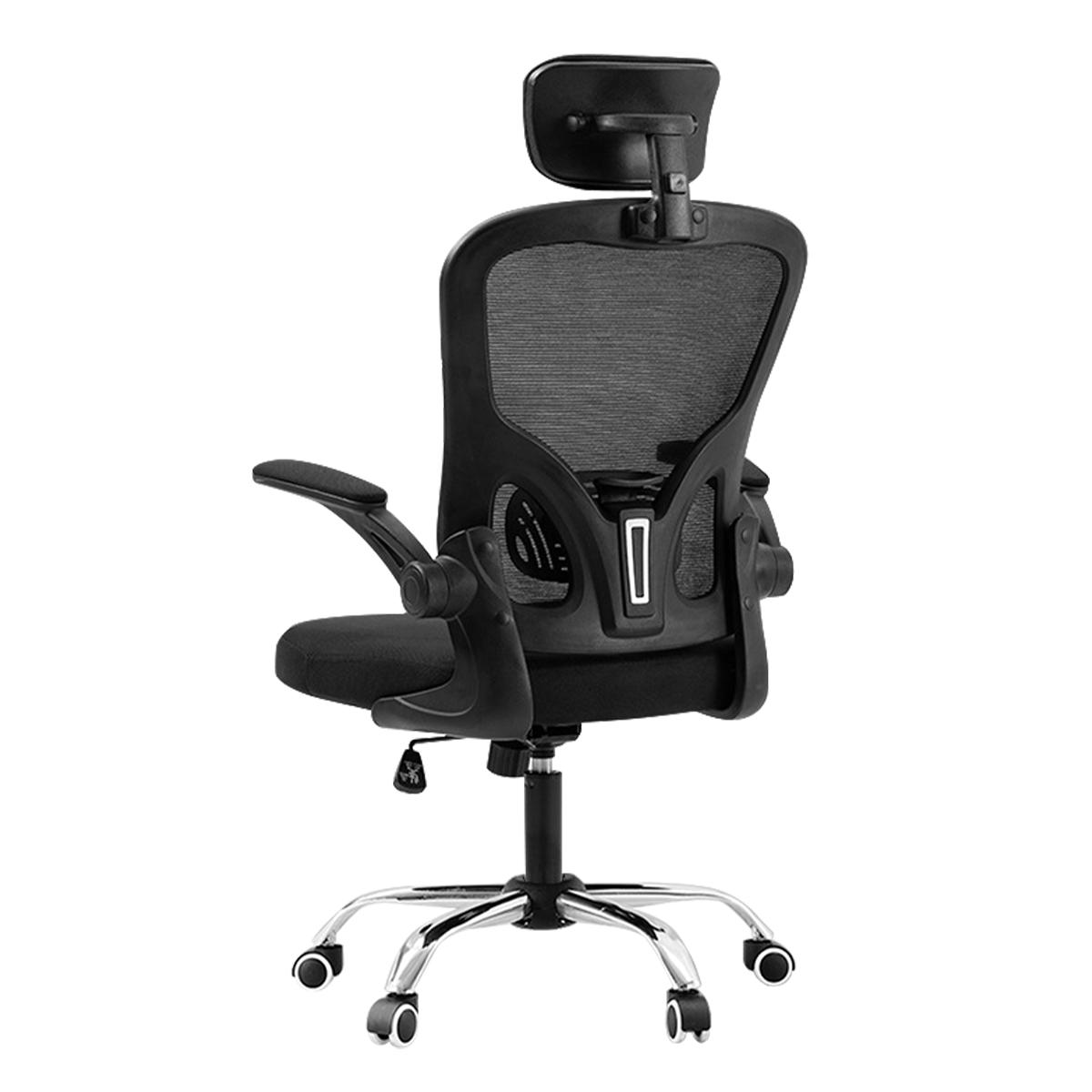 Cadeira de escritório ergonômica - Vista traseira sobre fundo branco, mostrando os detalhes da malha respirável do encosto, o mecanismo de ajuste do suporte lombar e a estrutura interna da cadeira