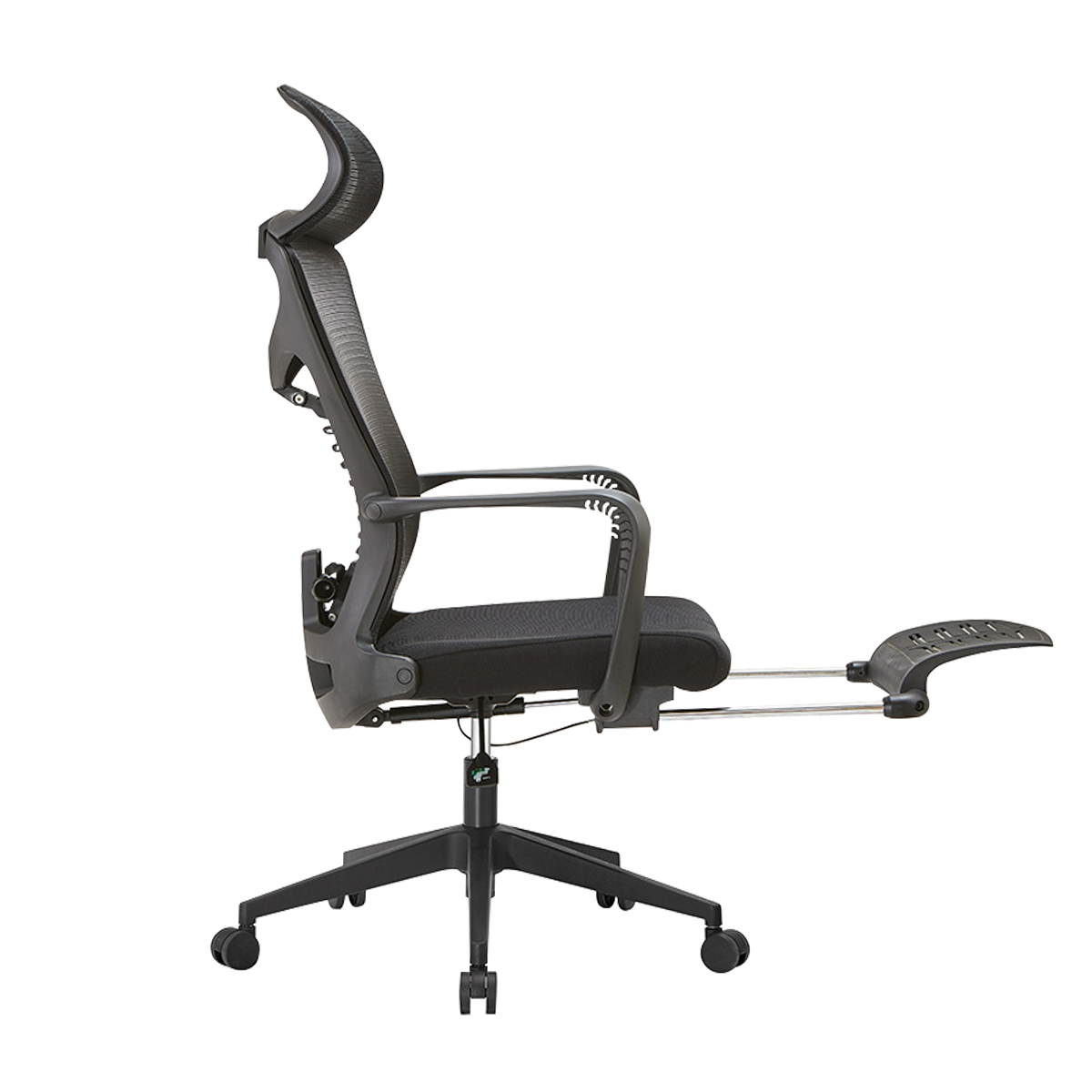 Cadeira de escritório 10 - Vista lateral mostrando a curva ergonômica do encosto e o mecanismo de ajuste do suporte lombar em formato de espinha de peixe.