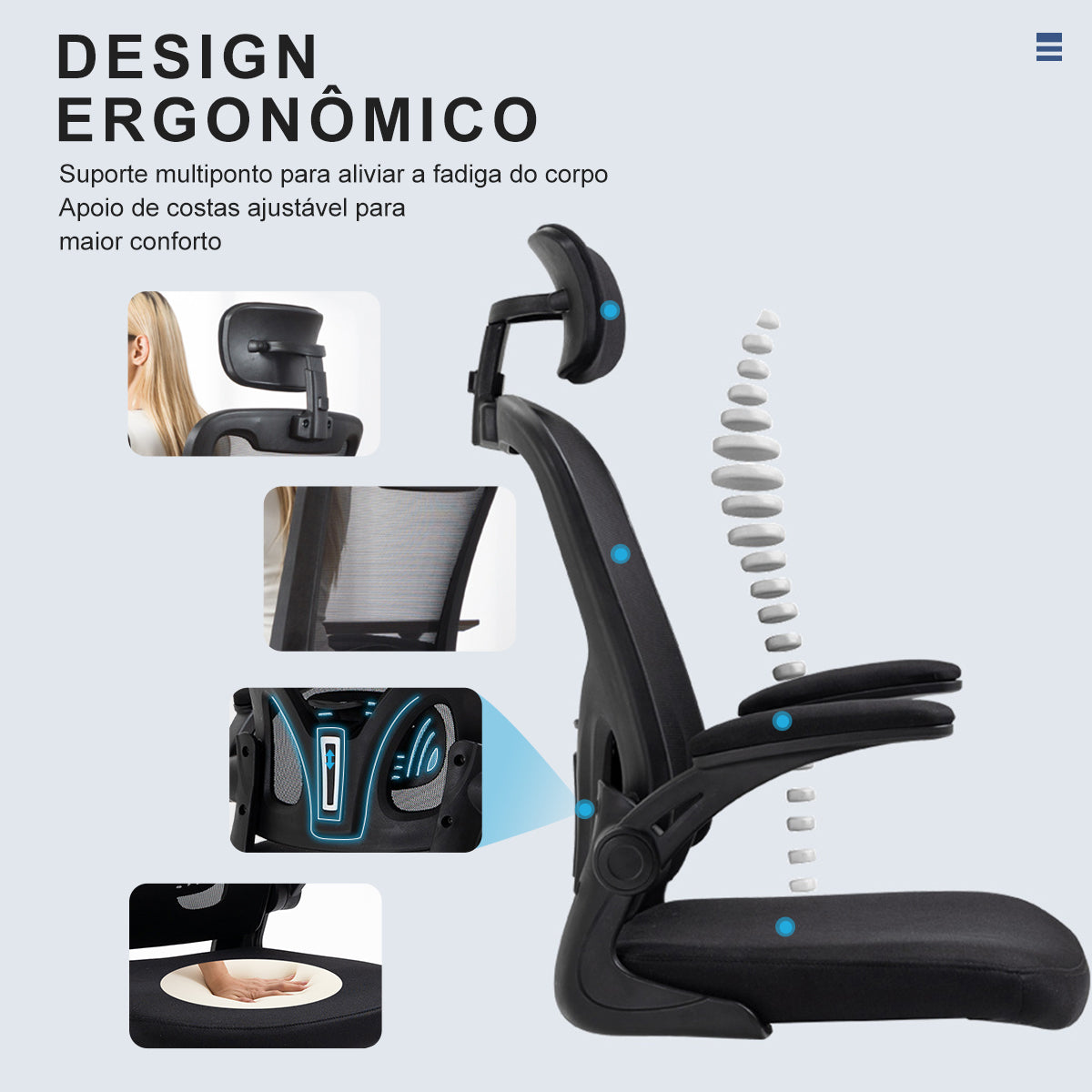 Cadeira de escritório ergonômica - Vista lateral mostrando a malha traseira bipartida e o ajuste do suporte lombar