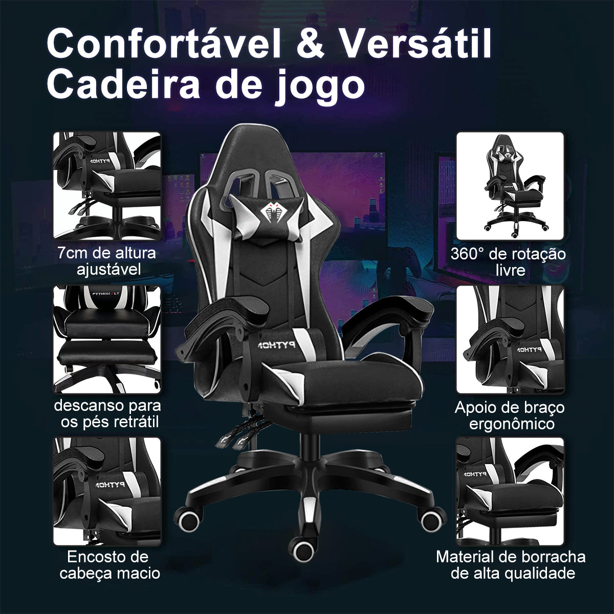Cadeira de jogos preta recente - Detalhe do material premium, como a estrutura de metal durável e o couro PVC macio.