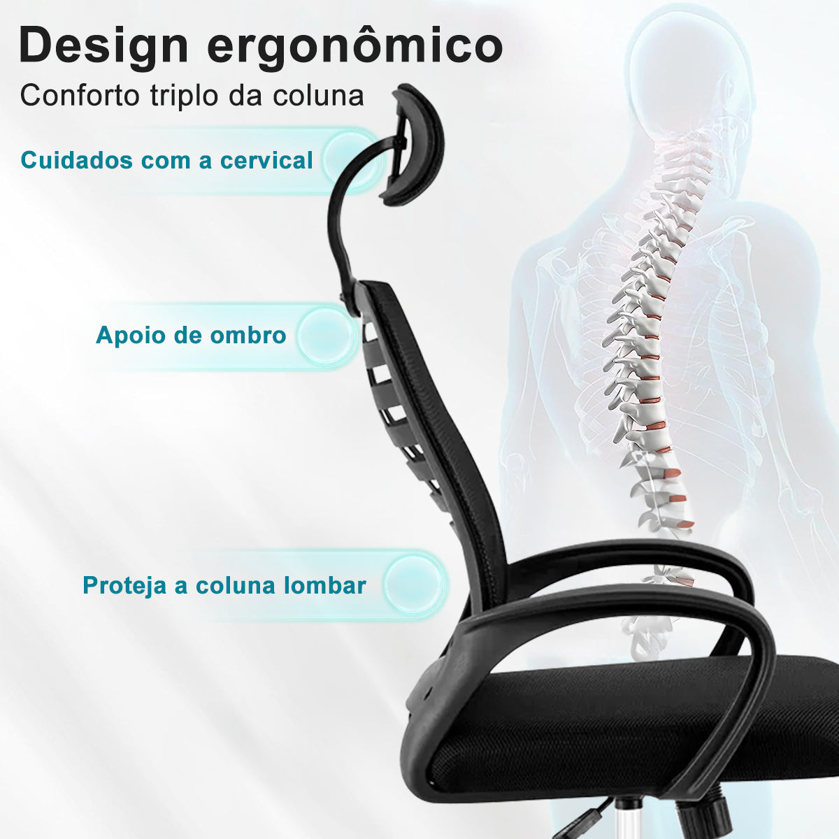 Cadeira de escritório - Detalhe do suporte estrutural estilo coluna vertebral