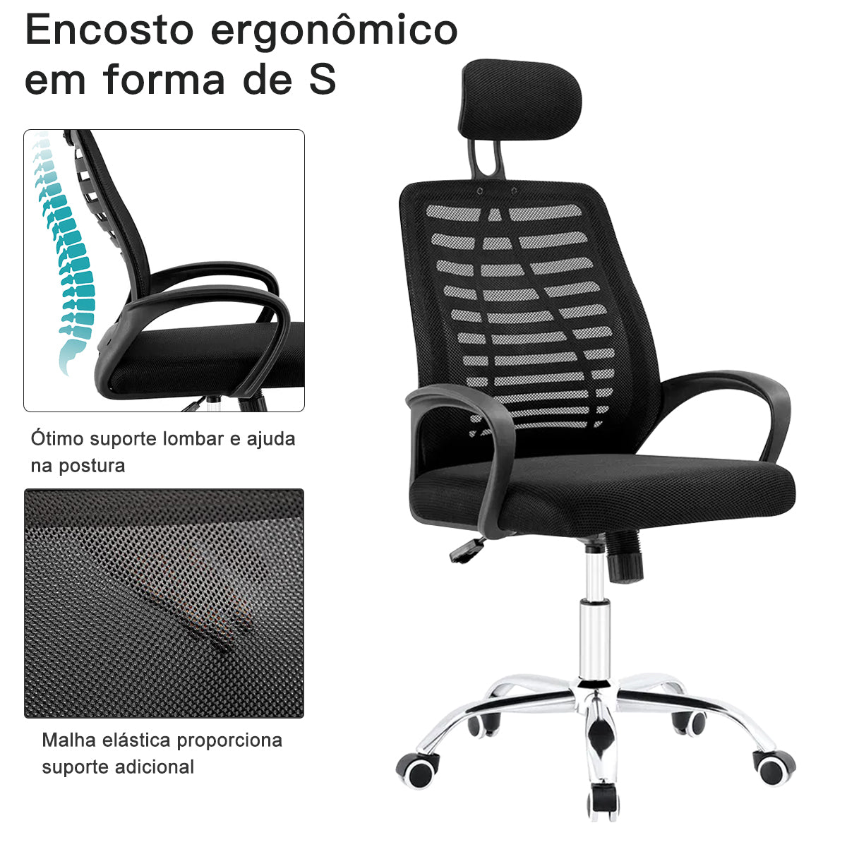 Cadeira de escritório- Encosto em mesh respirável em destaque