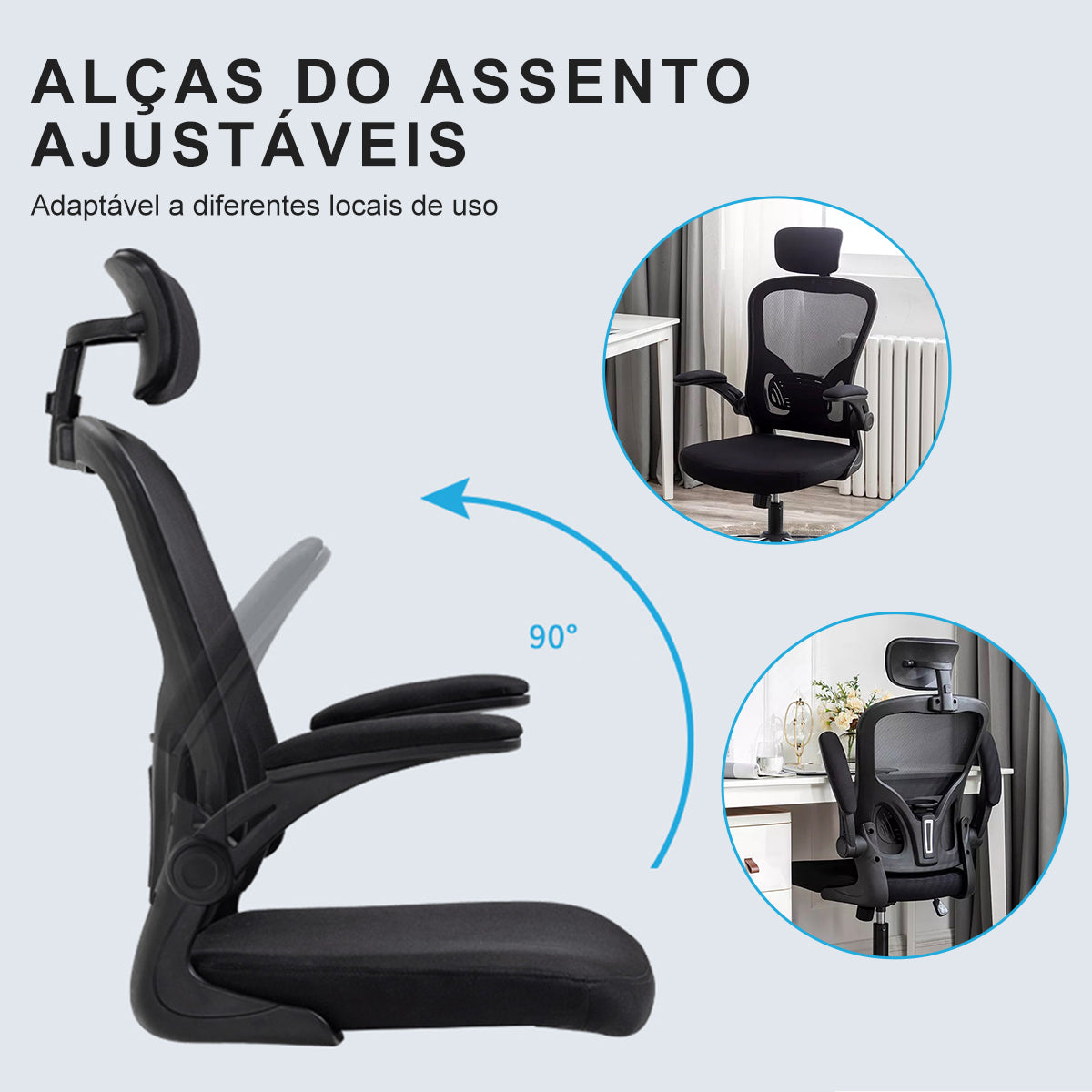 Cadeira de escritório com ação de inclinação - Encontro em processo de reclinação, exibindo o intervalo de 90° a 120° e o mecanismo de trava de reclinação