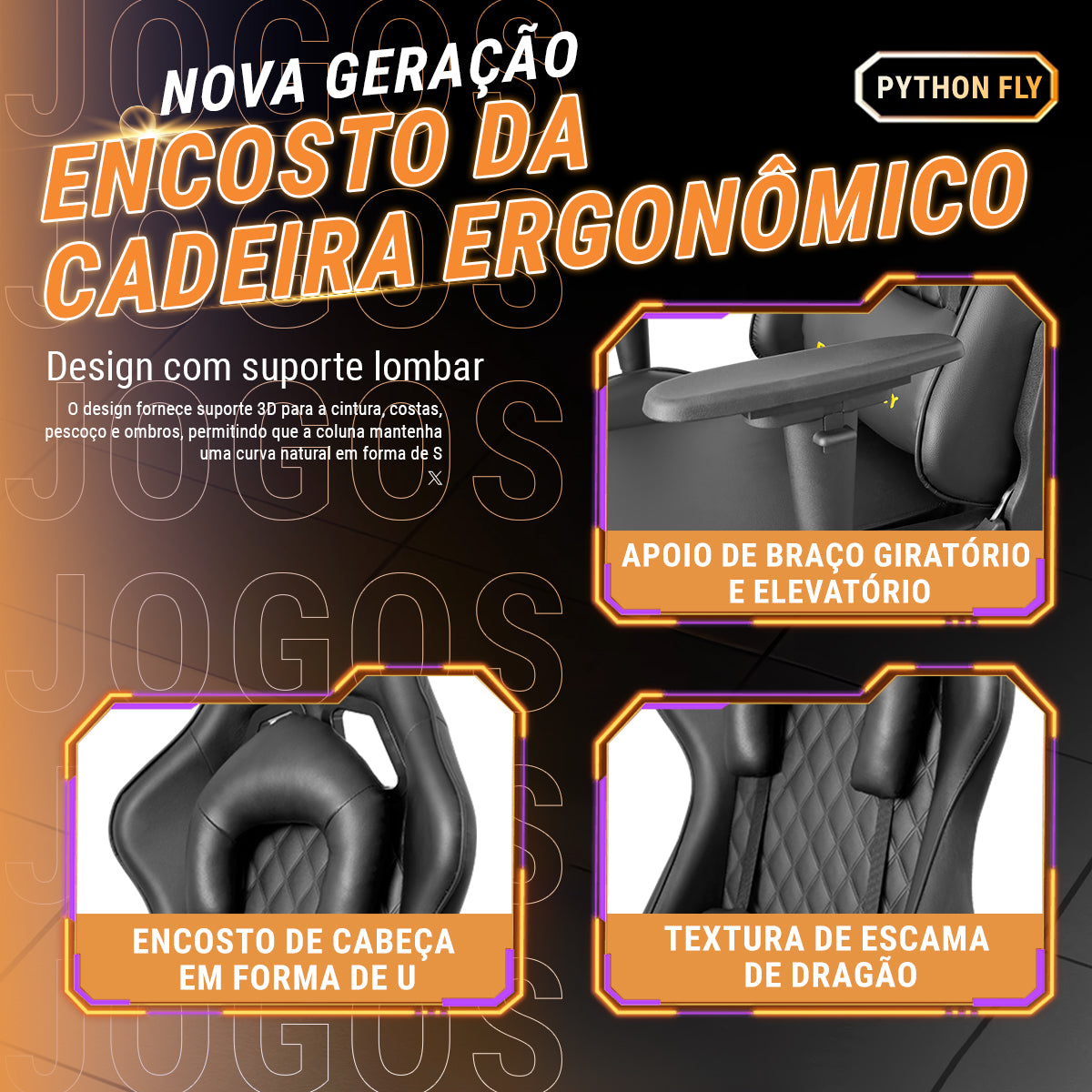 Cadeira Gamer Premium Python Fly - Braços ajustáveis em destaque