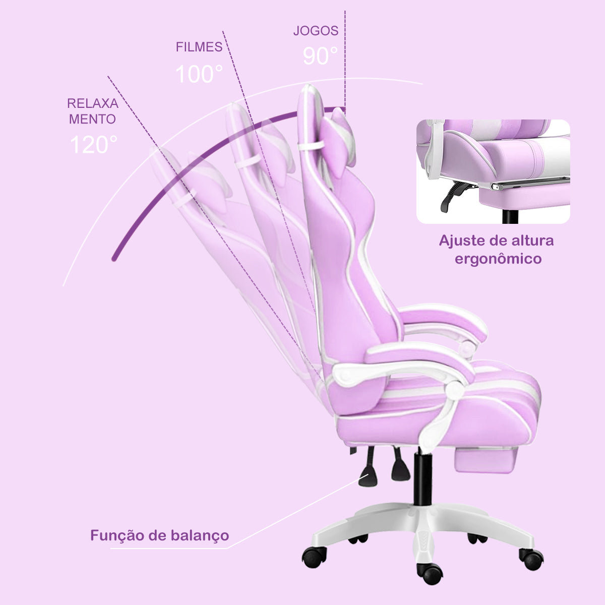 Cadeira gamer roxa nova - Ajuste de altura com pistão SGS
