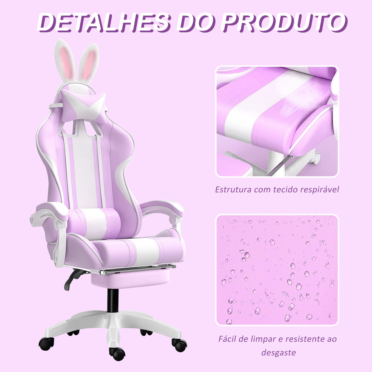 Cadeira gamer roxa nova - Apoio cervical e costas no conforto ergonômico 3D