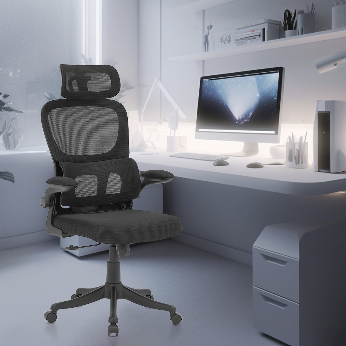 Cadeira de escritório preta - Detalhe da estrutura robusta e do acabamento de qualidade, capaz de suportar até 200 kg