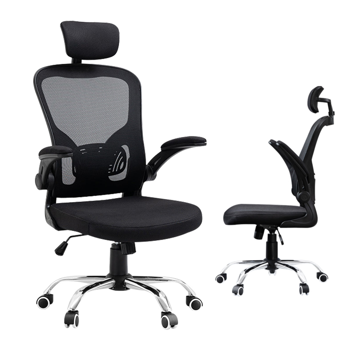 Cadeira de escritório ergonômica  - Vista frontal completa, mostrando a base de náilon moderna e o encosto com malha bipartida projetada para apoiar a coluna