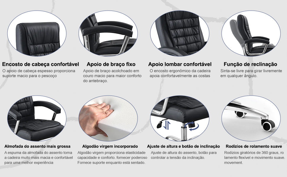 Recursos da cadeira de escritório: encosto de cabeça, apoio de braço, suporte lombar e reclinação