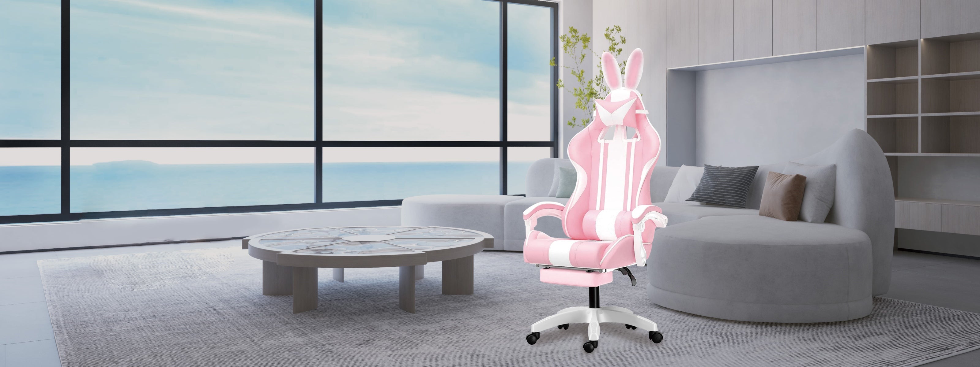 Cadeira gamer com orelhinhas de coelho rosa e branca para setup de gaming no computador