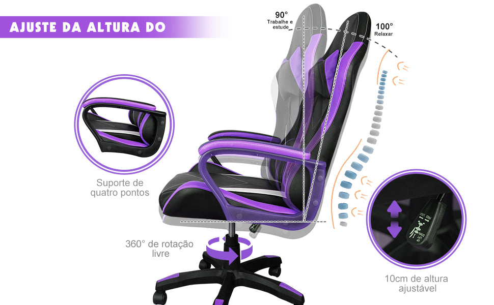 Cadeira gamer preta e roxa com ajustes de altura e ângulo.