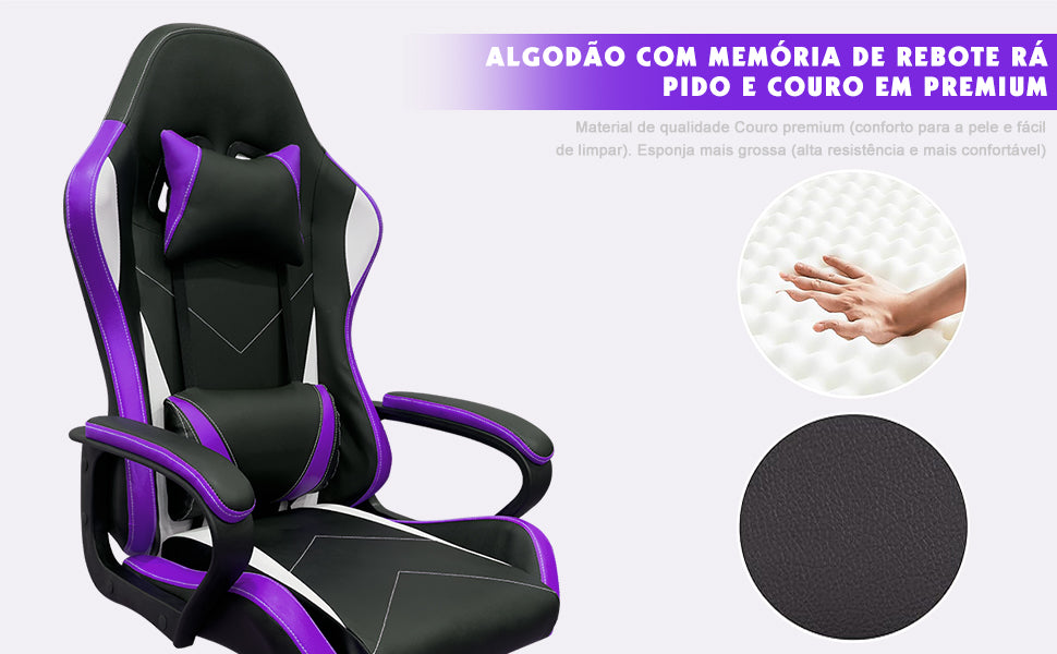 Cadeira gamer preta com detalhes roxos, mostrando materiais de qualidade: algodão de rebote rápido e couro premium.