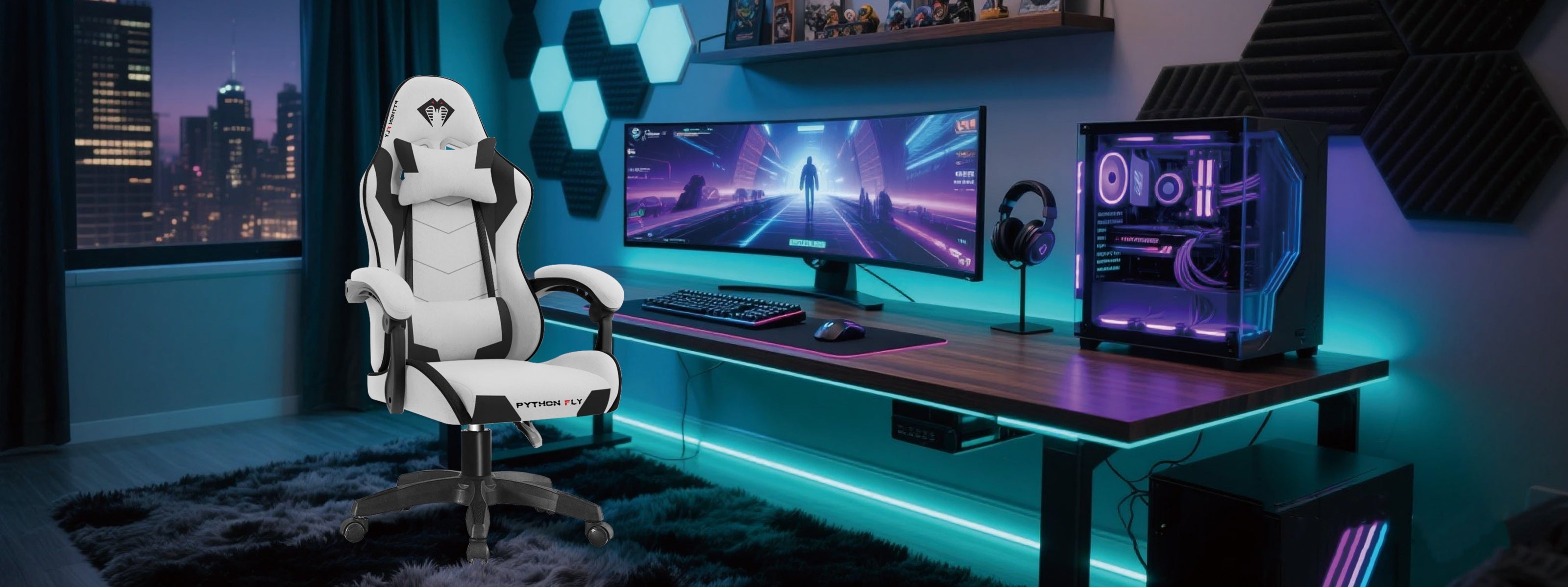 Cadeira gamer Python Fly branca e preta para setup de gaming no computador