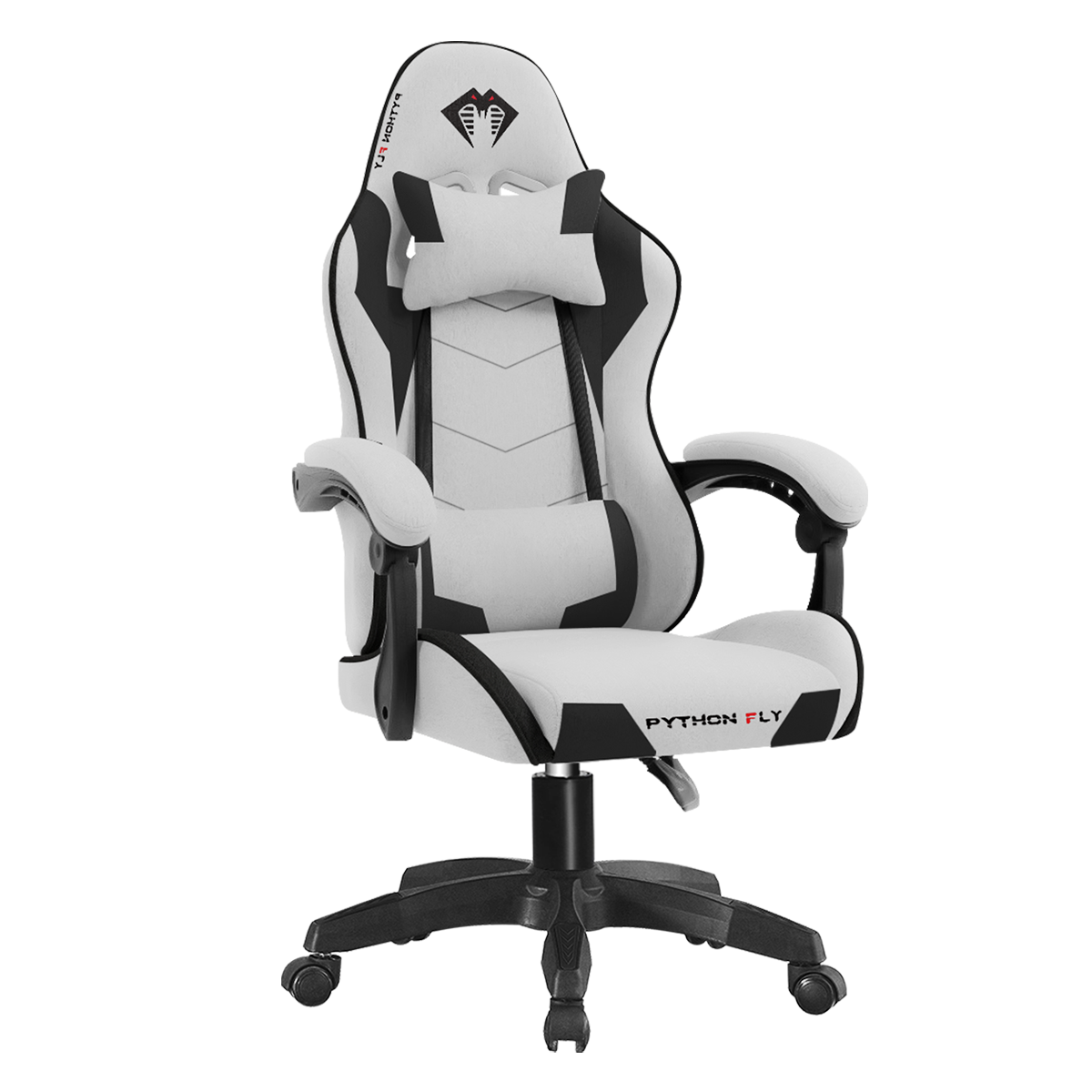 Cadeira gamer Python Fly de cor branca e preta, vista lateral, com design ergonômico, almofadas de cabeça e lombar, braços ajustáveis e base giratória com rodízios