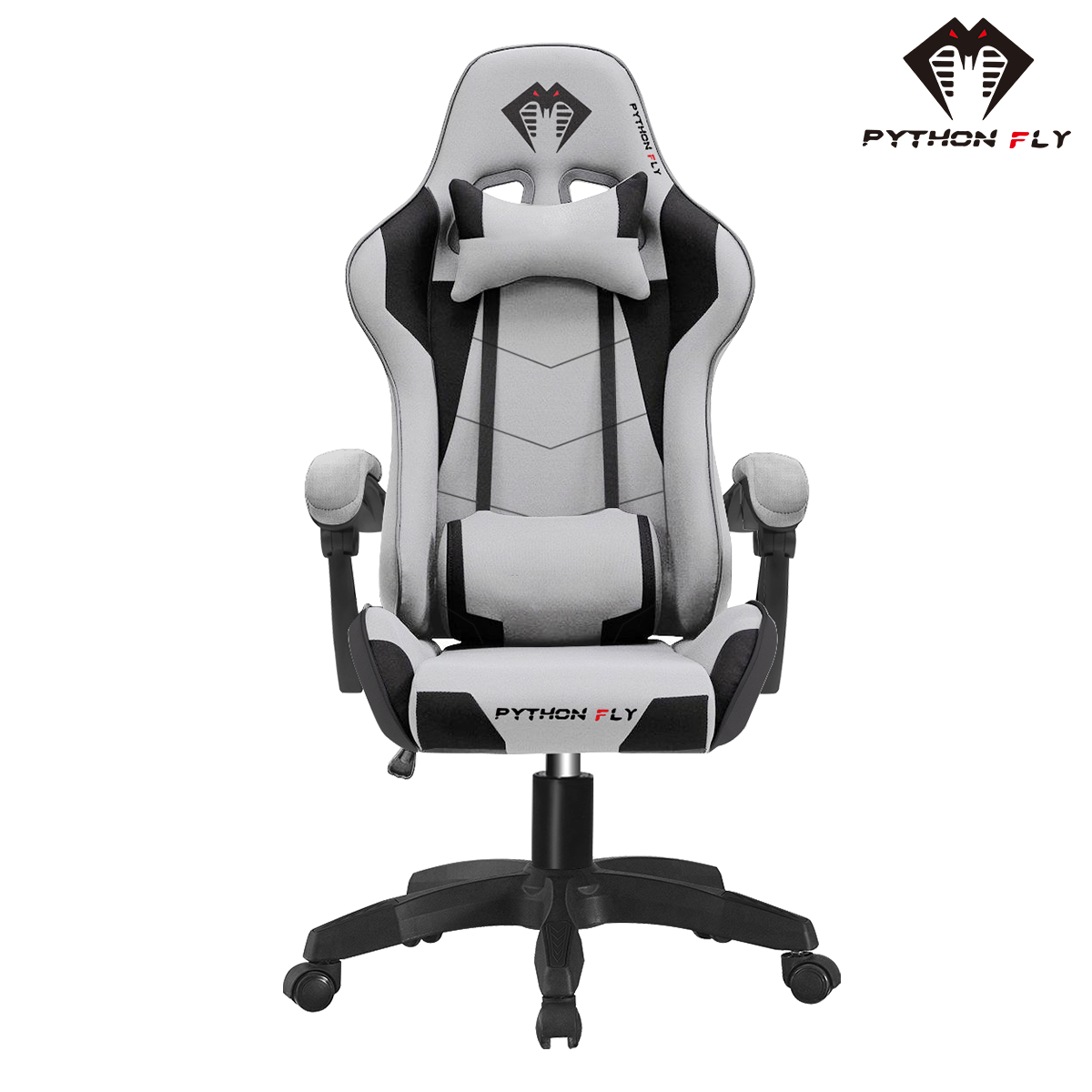 Cadeira gamer Python Fly de cor branca e preta, com design ergonômico, almofadas de cabeça e lombar, braços ajustáveis e base giratória com rodízios