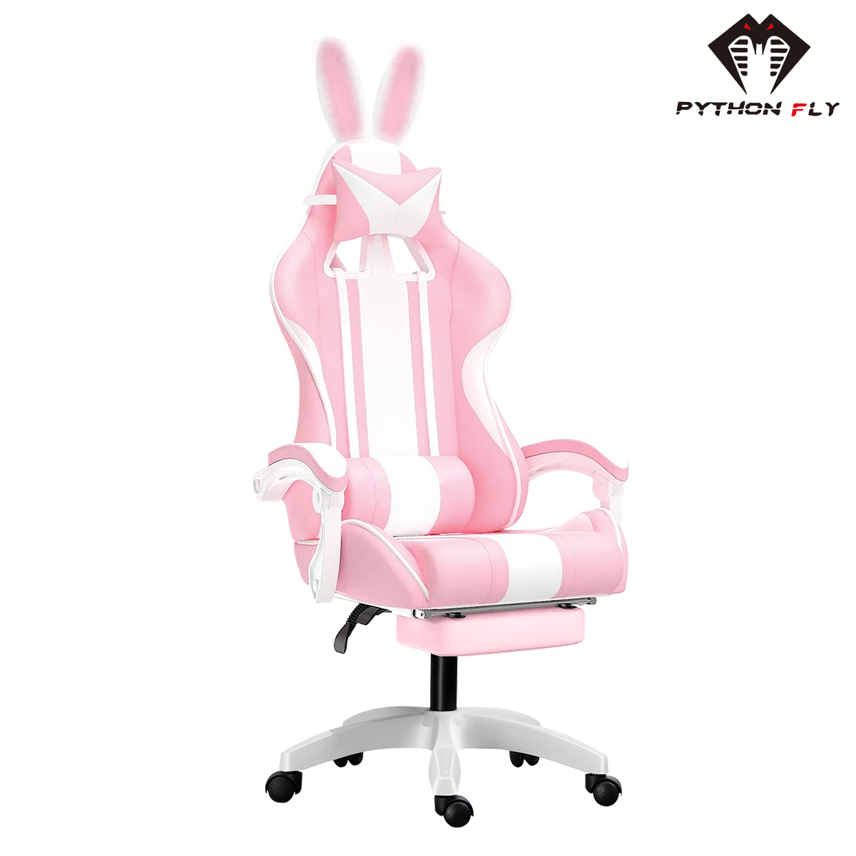 Cadeira gamer rosa nova da Python Fly - Design charmoso com orelhas de coelho, conforto ergonômico 3D e tecido respirável