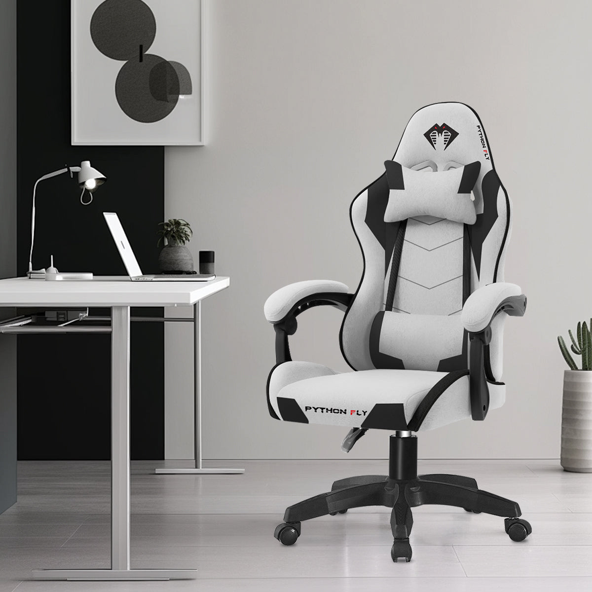 Cadeira gamer nova, em tecido cinza claro - Detalhes elegantes