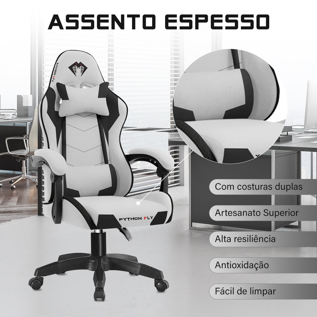 Cadeira gamer em tecido cinza claro - Apoio lombar ergonômico