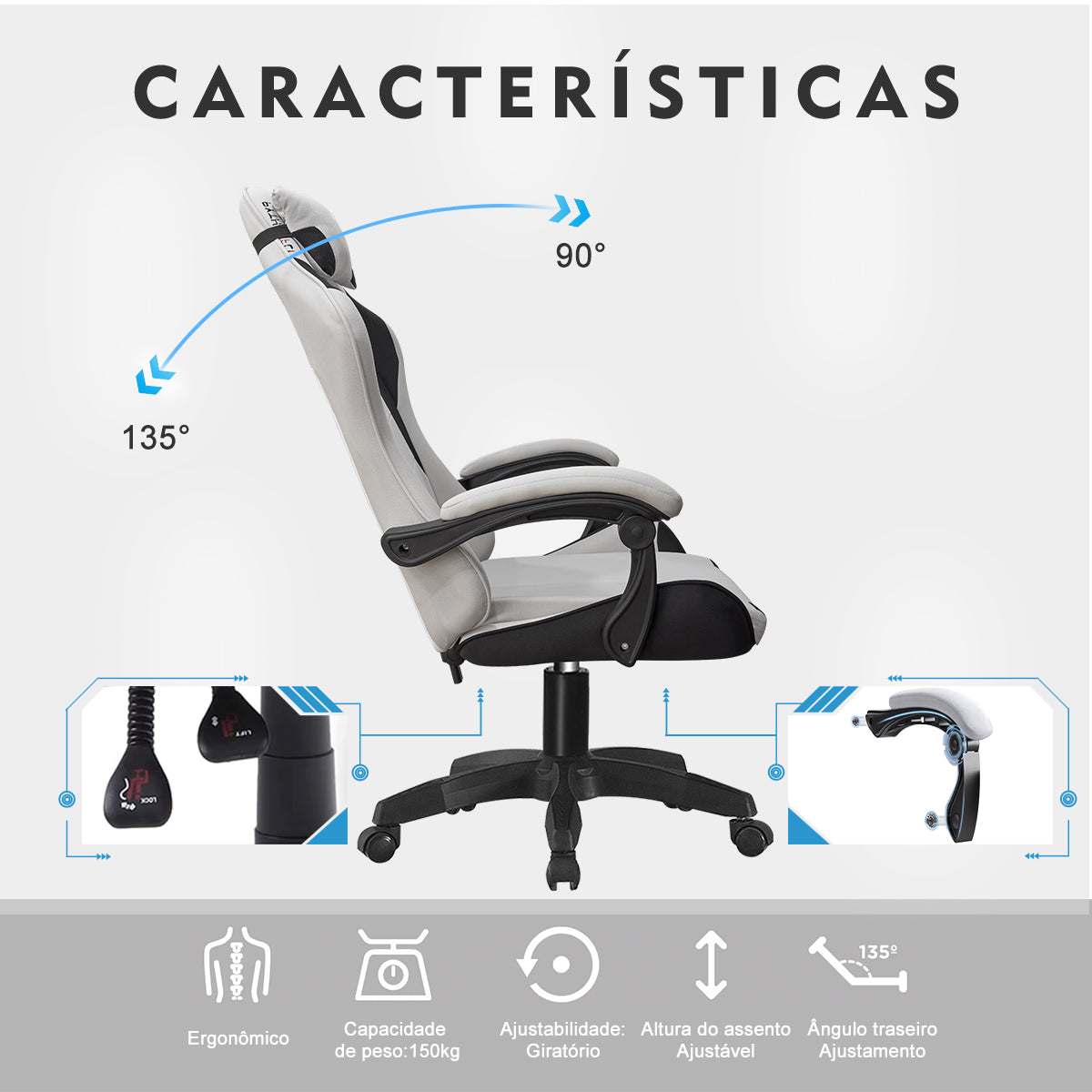 Cadeira gamer em tecido cinza claro - Conforto duradouro