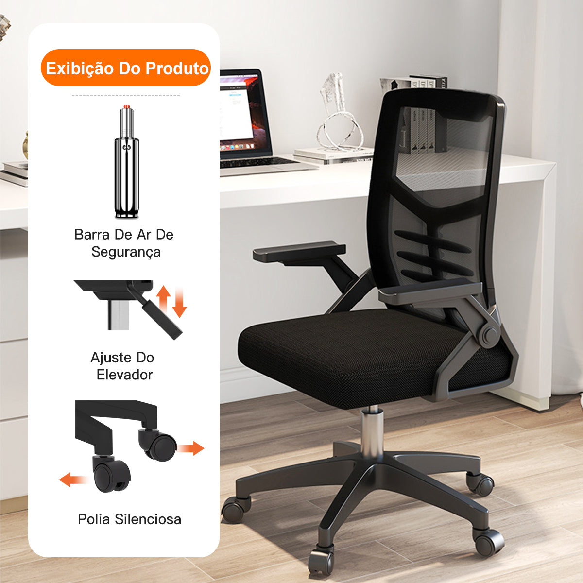 Funcionalidades da cadeira de escritório Python Fly: barra de ar, ajuste de elevação e polia silenciosa