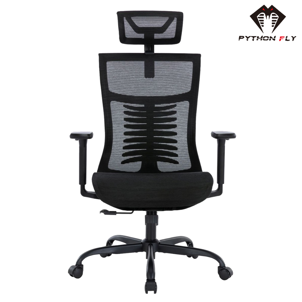 Cadeira de escritório ergonômica - Vista frontal mostrando a curva perfeita do encosto projetado para se ajustar à linha da coluna humana 
