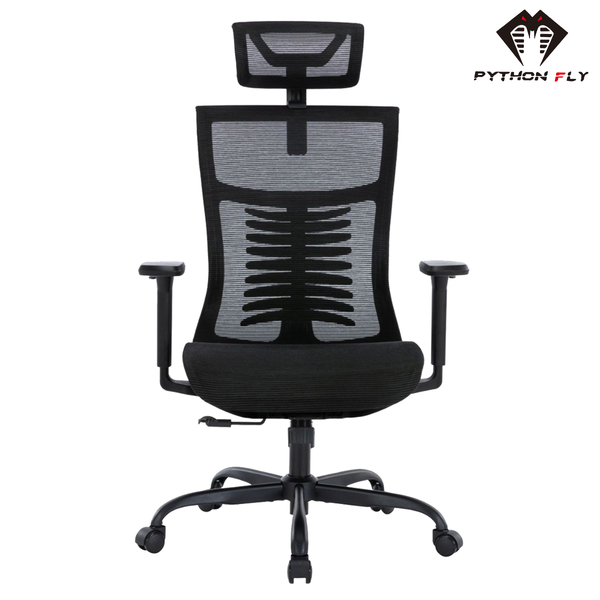 Cadeira de escritório ergonômica - Vista frontal mostrando a curva perfeita do encosto projetado para se ajustar à linha da coluna humana 