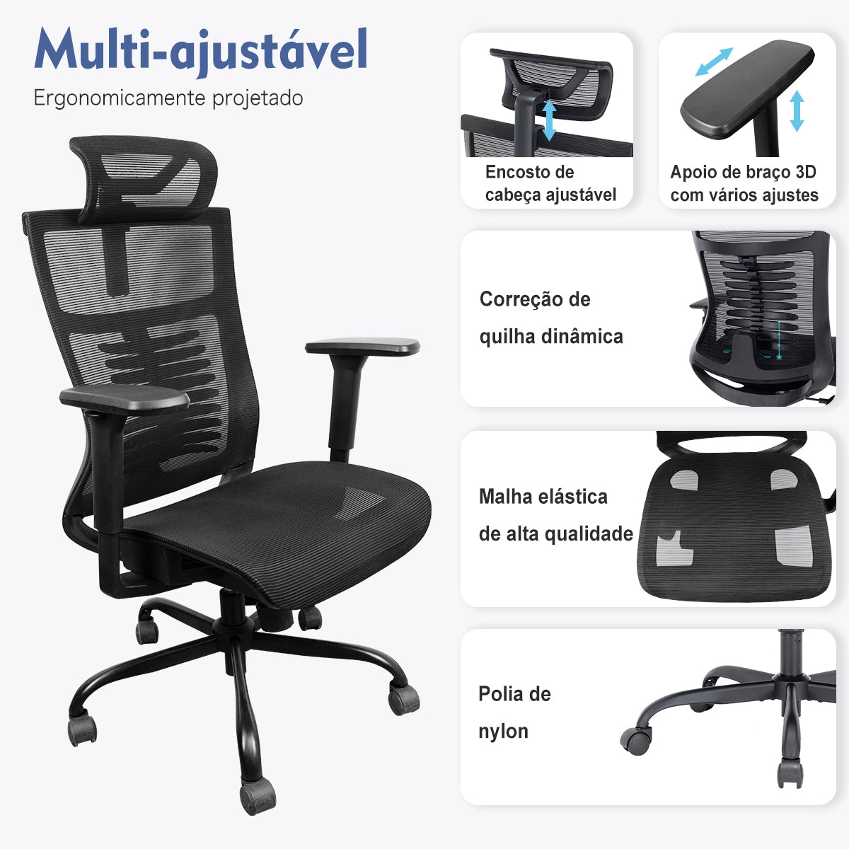 Cadeira de escritório com apoio de pernas extensível - Vista lateral mostrando o apoio de pernas retraído e pronta para ser usado 