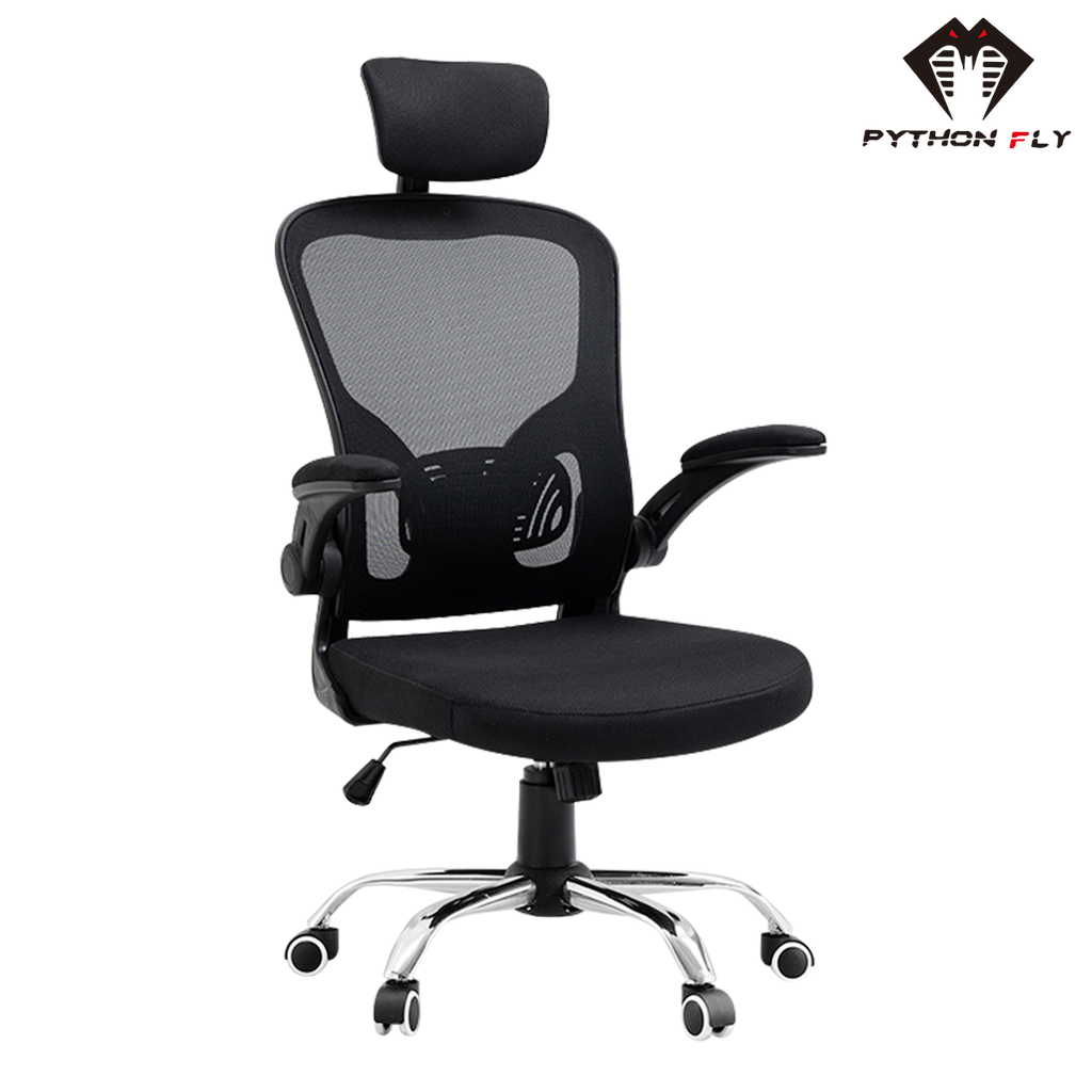 Cadeira de escritório ergonômica  - Vista frontal sobre fundo branco, destacando a base de náilon moderna, o encosto com malha bipartida e os ajustes de altura do assento
