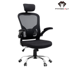 Cadeira de escritório ergonômica  - Vista frontal sobre fundo branco, destacando a base de náilon moderna, o encosto com malha bipartida e os ajustes de altura do assento