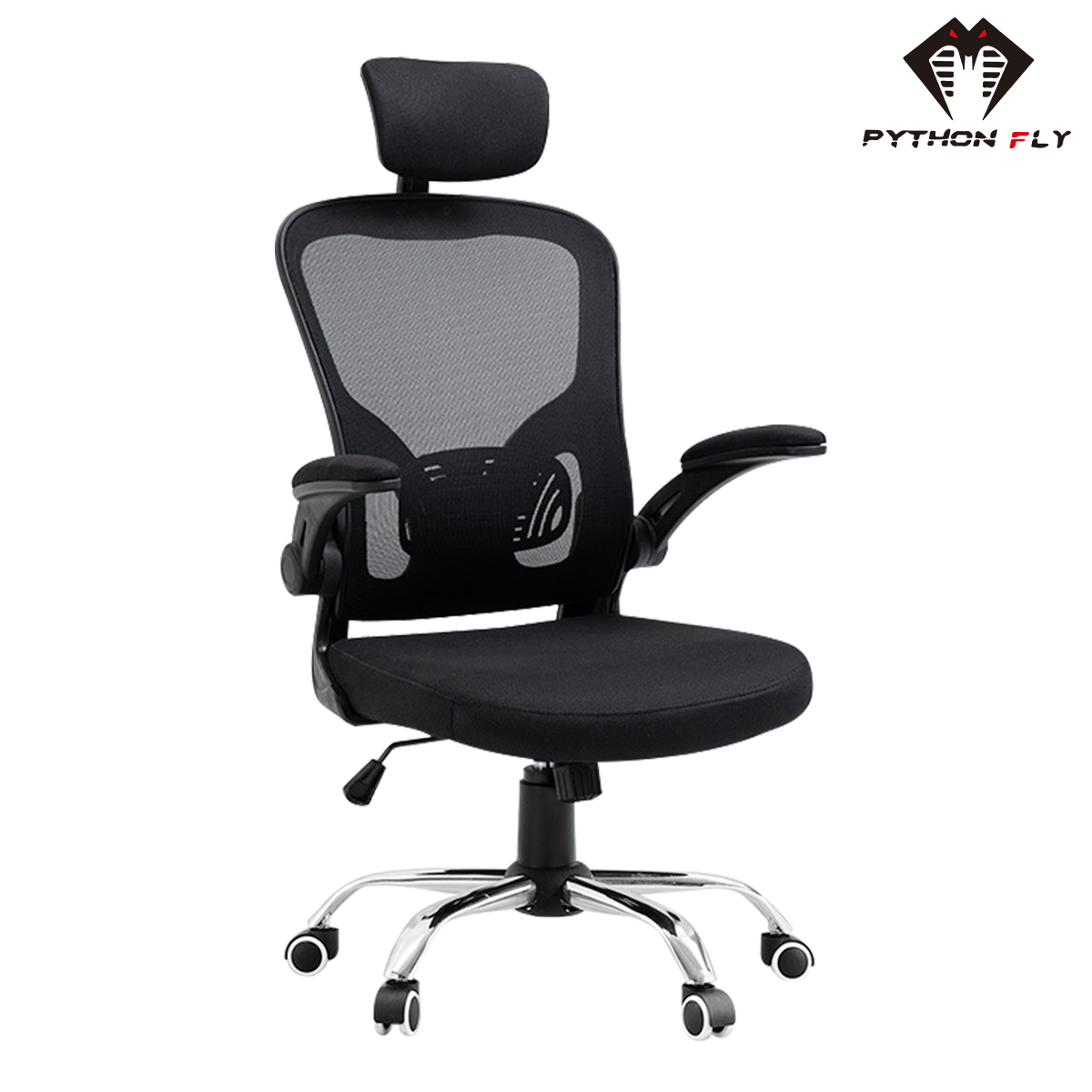 Cadeira de escritório ergonômica  - Vista frontal sobre fundo branco, destacando a base de náilon moderna, o encosto com malha bipartida e os ajustes de altura do assento