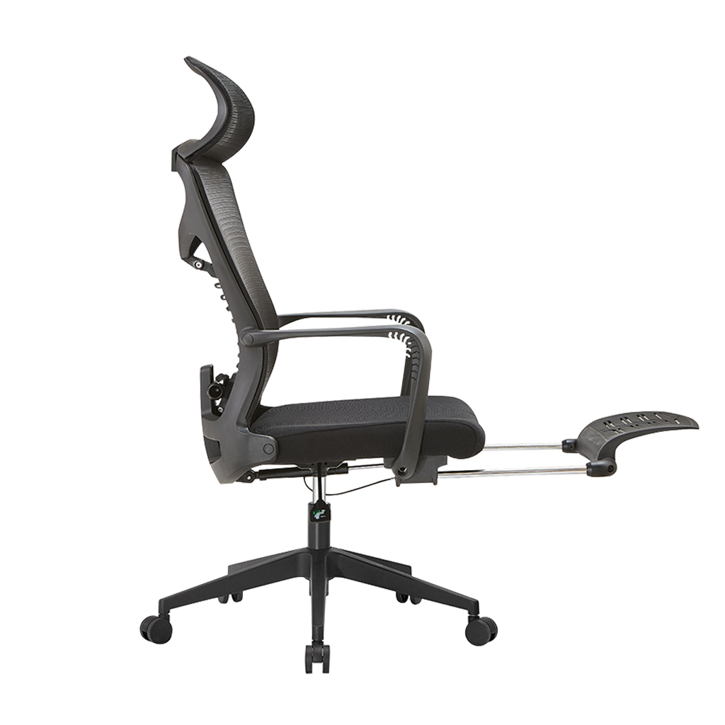 Cadeira de escritório 10 - Vista lateral mostrando a curva ergonômica do encosto e o mecanismo de ajuste do suporte lombar em formato de espinha de peixe.