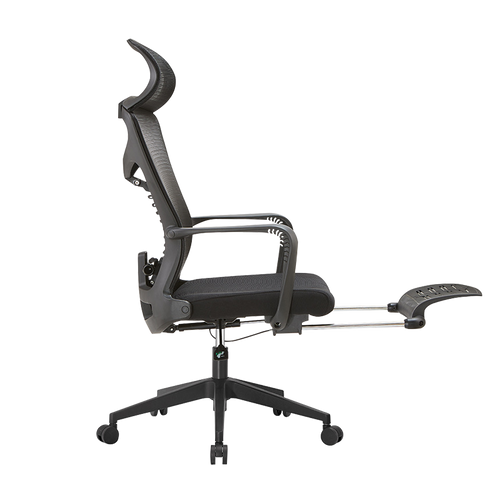 Cadeira de escritório 10 - Vista lateral mostrando a curva ergonômica do encosto e o mecanismo de ajuste do suporte lombar em formato de espinha de peixe.