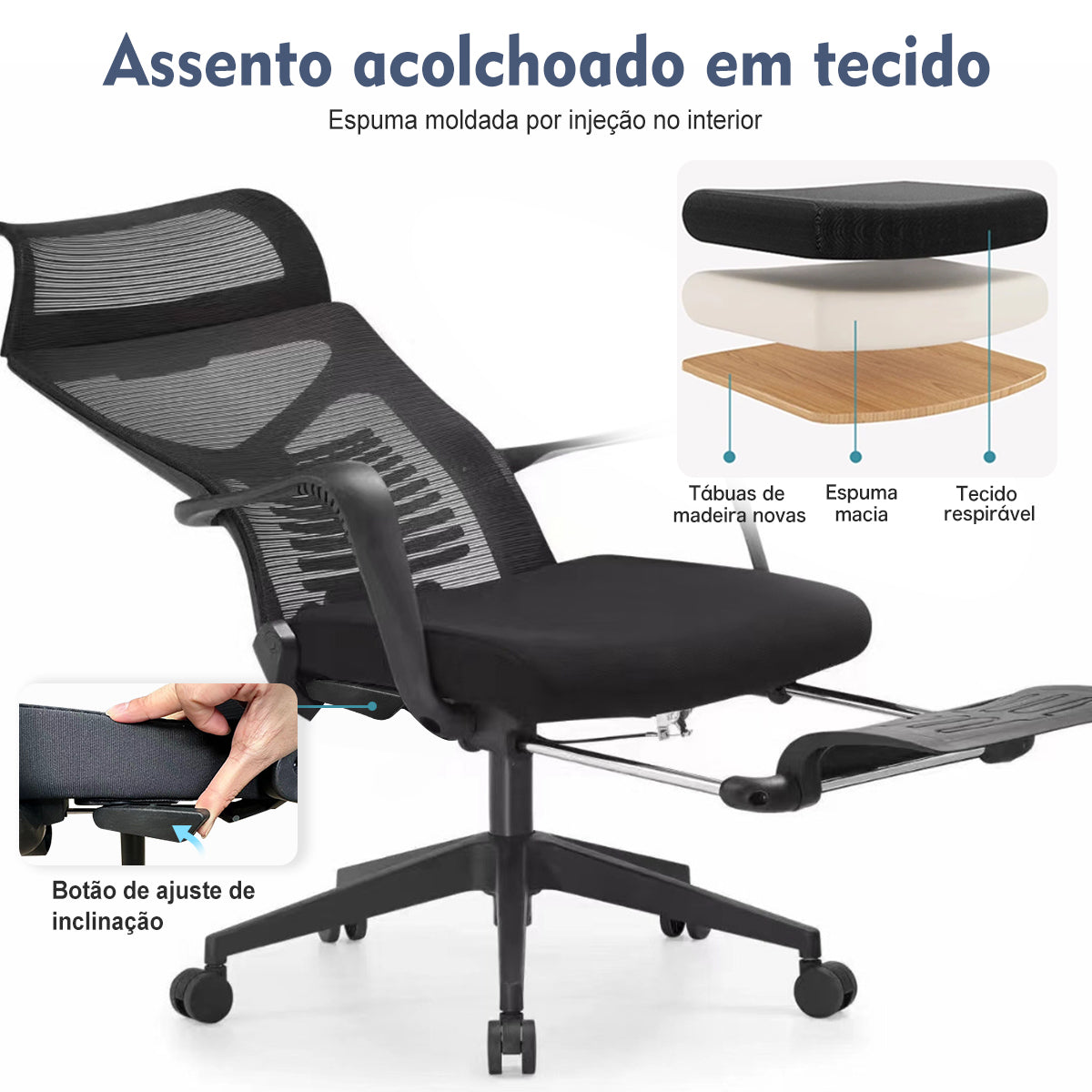 Cadeira de escritório 10 - Detalhe do mecanismo de ajuste do suporte lombar, mostrando como reduz a pressão lombar em 50%.