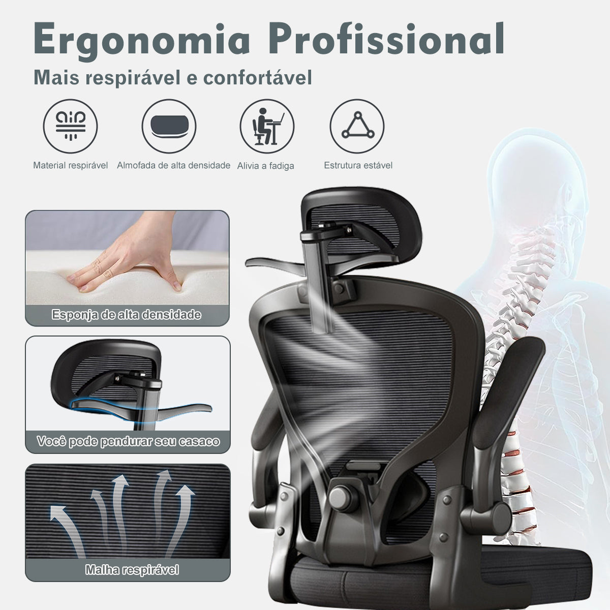 Cadeira Ergonômica Python Fly - Design Profissional com Malha Respirável, Espuma Alta Densidade e Suporte Estável para Postura Correta