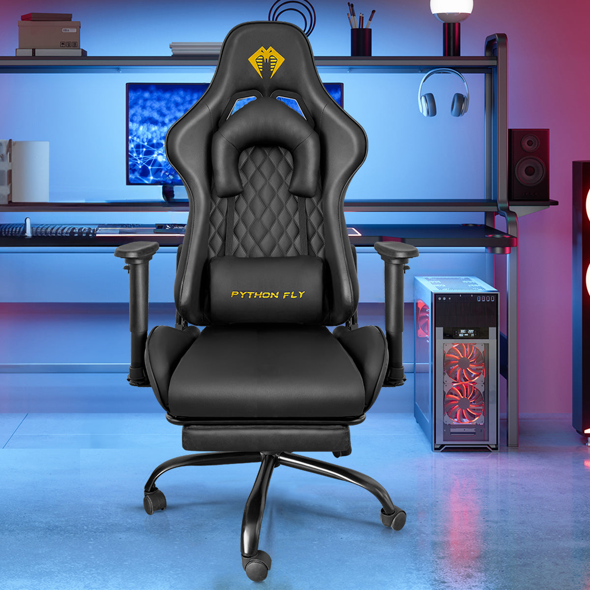 Cadeira Gamer Premium Python Fly - Detalhe do encosto reclinável e suporte lombar 