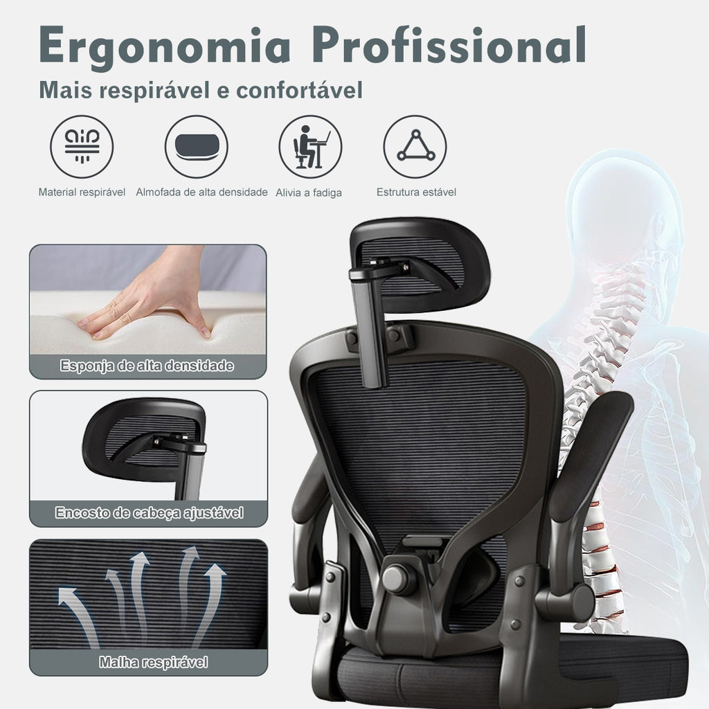 Cadeira de escritório - Vista geral do design moderno e elegante, com encosto em malha respirável e assento largo de espuma 
