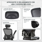 Cadeira de escritório - Vista lateral que mostra a altura regulável do assento e a leve inclinação tipo balanço para relaxamento 