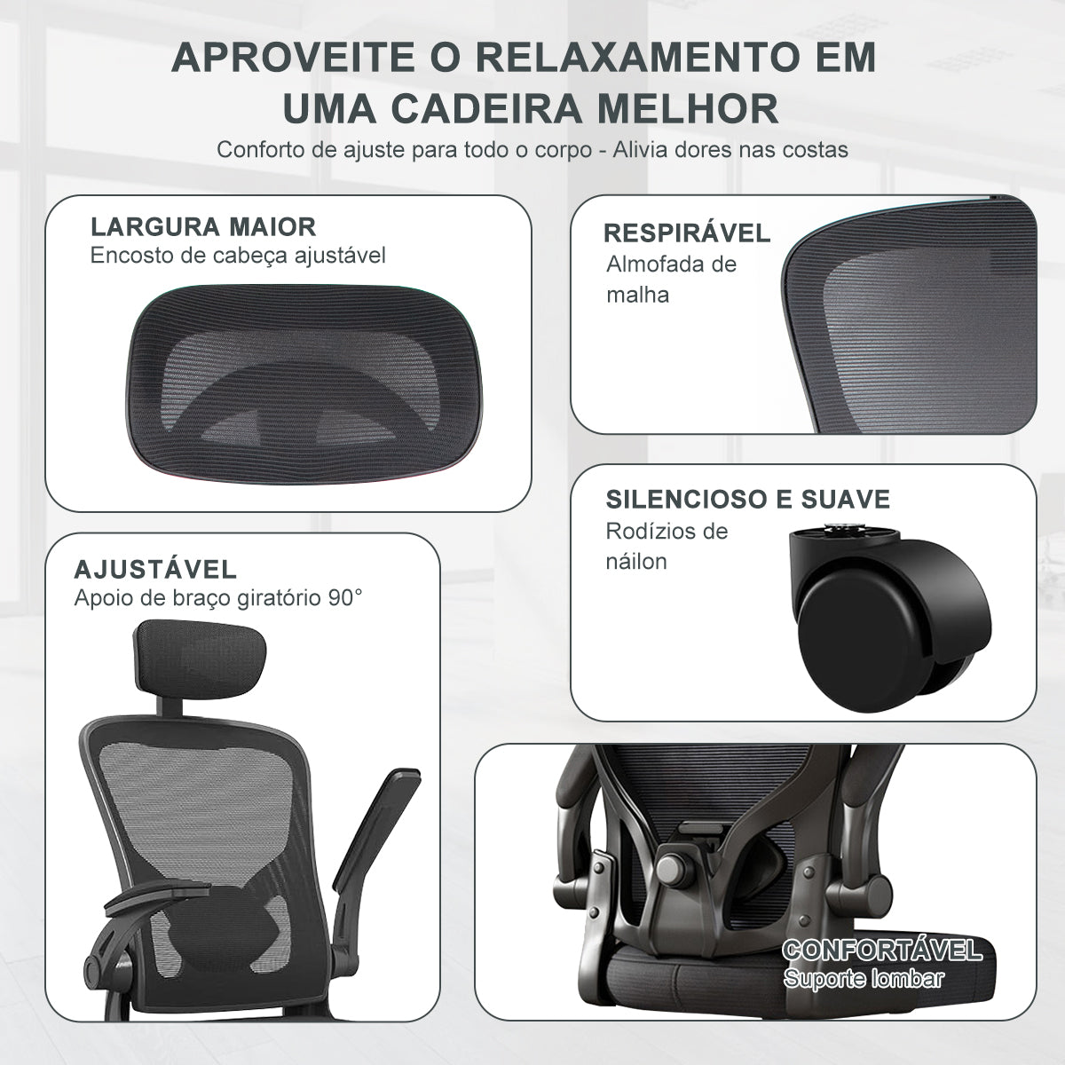 Cadeira de escritório - Vista lateral que mostra a altura regulável do assento e a leve inclinação tipo balanço para relaxamento 