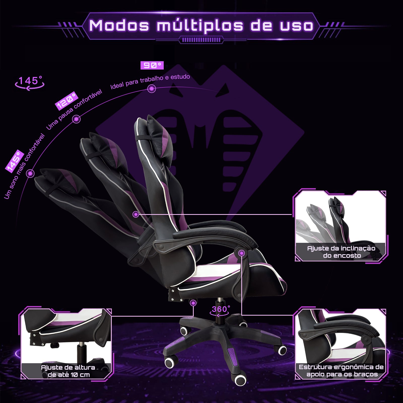 Estrutura resistente com encosto em malha respirável na cadeira gamer rosa Python Fly