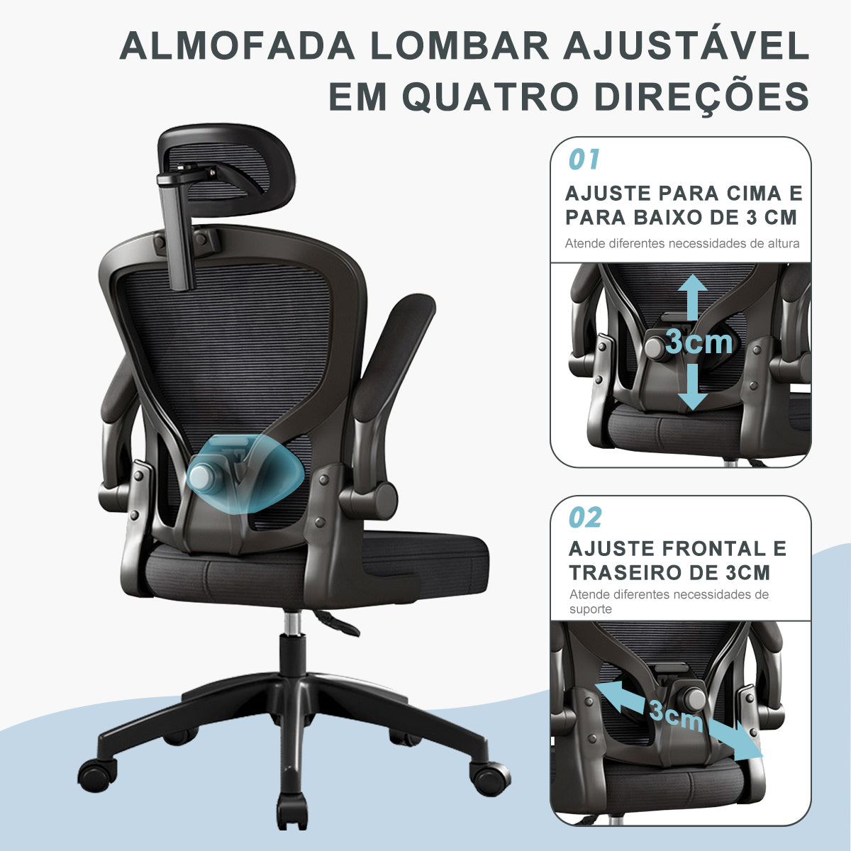 Cadeira de escritório - Detalhe do encosto em malha, mostrando como mantém as costas ventiladas durante longas horas de trabalho