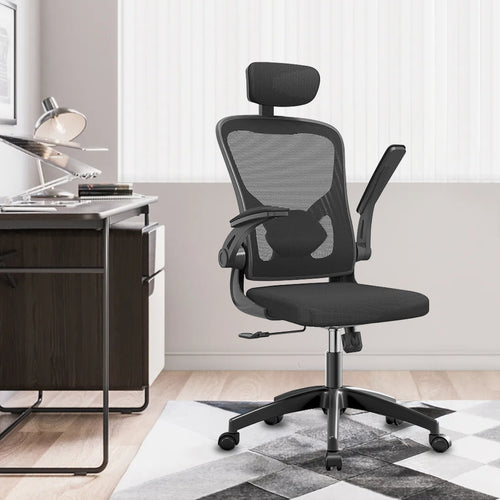 Cadeira de escritório - Vista que destaca as medidas compactas, com altura ajustável de 115 a 125cm e largura do assento de 48cm, ideal para espaços restritos 