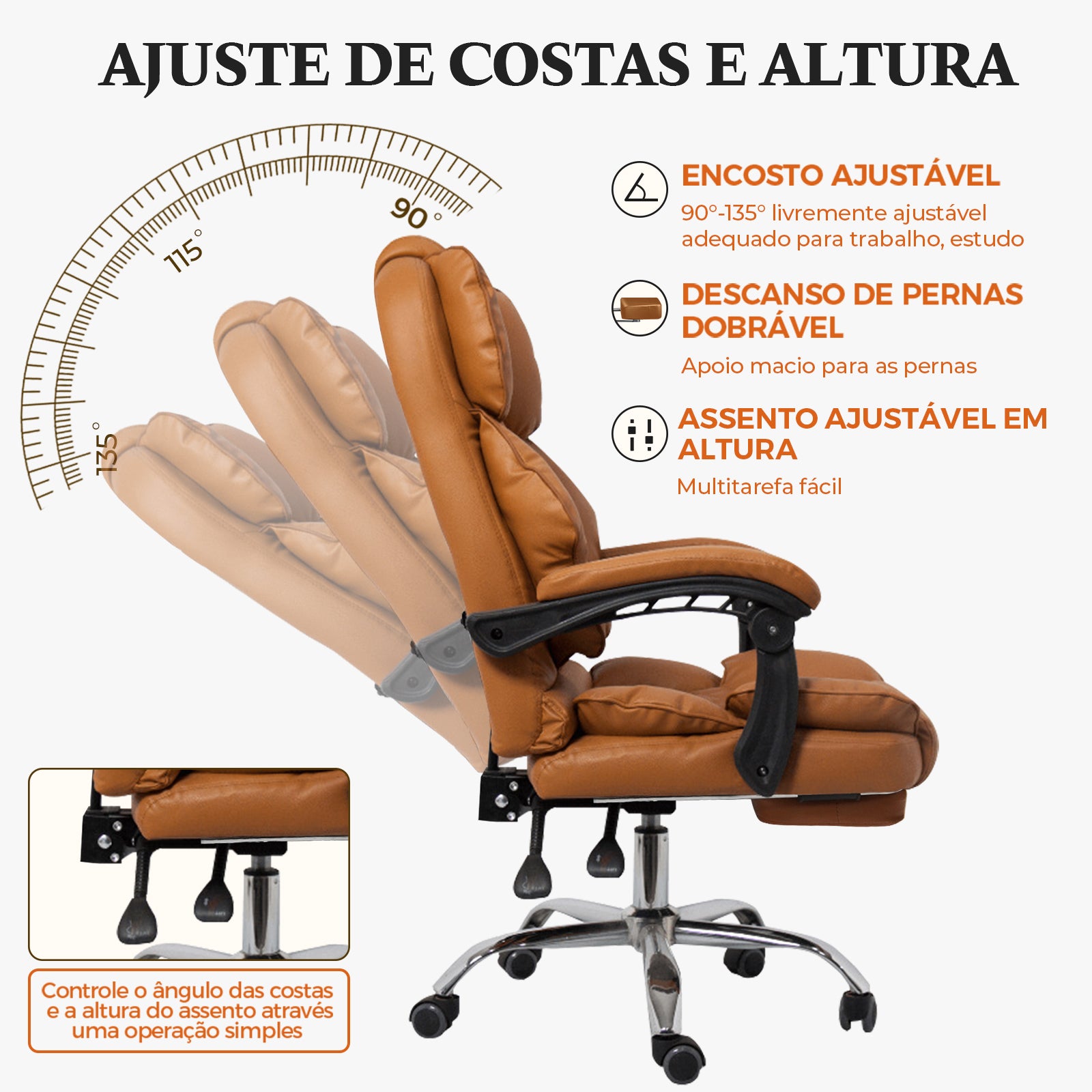 Cadeira com reclinação ajustável 90-135°, altura do assento regulável e descanso de pernas dobráve