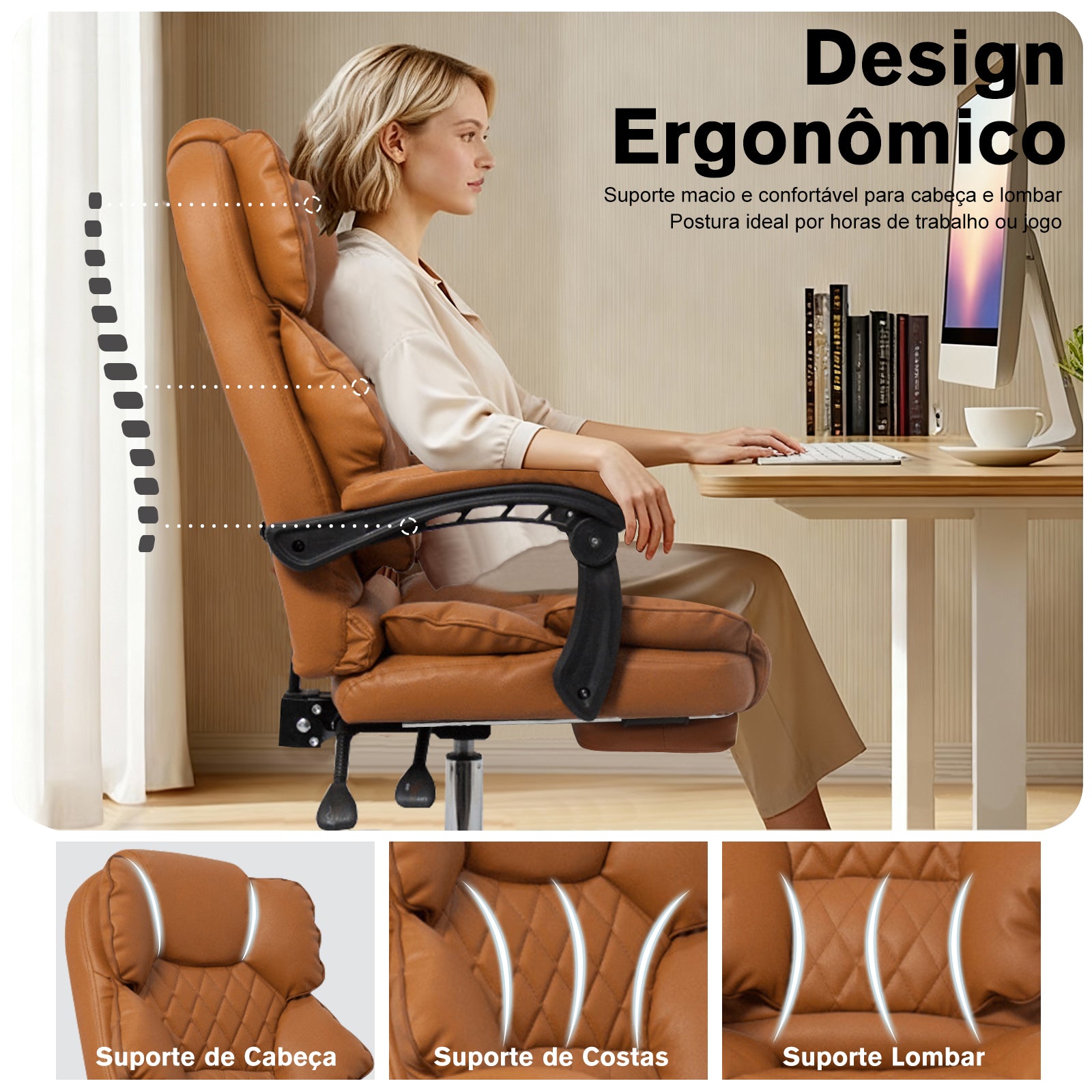 Cadeira ergonômica com suporte para cabeça, costas e lombar, confortável para trabalho e lazer