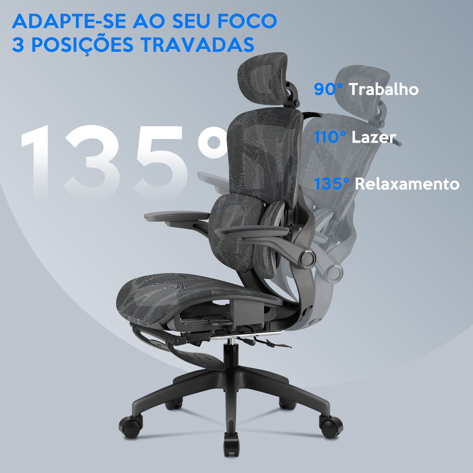 Cadeira ergonômica com inclinação ajustável para trabalho, lazer e relaxamento (90°, 110°, 135°)
