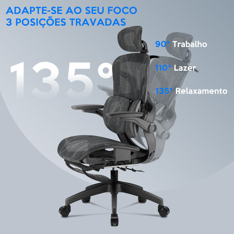 Cadeira ergonômica com inclinação ajustável para trabalho, lazer e relaxamento (90°, 110°, 135°)