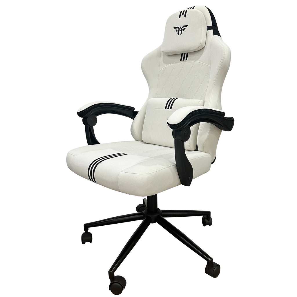 Cadeira gamer ergonômica branca com detalhes pretos, logo exclusivo e suporte lombar para coluna