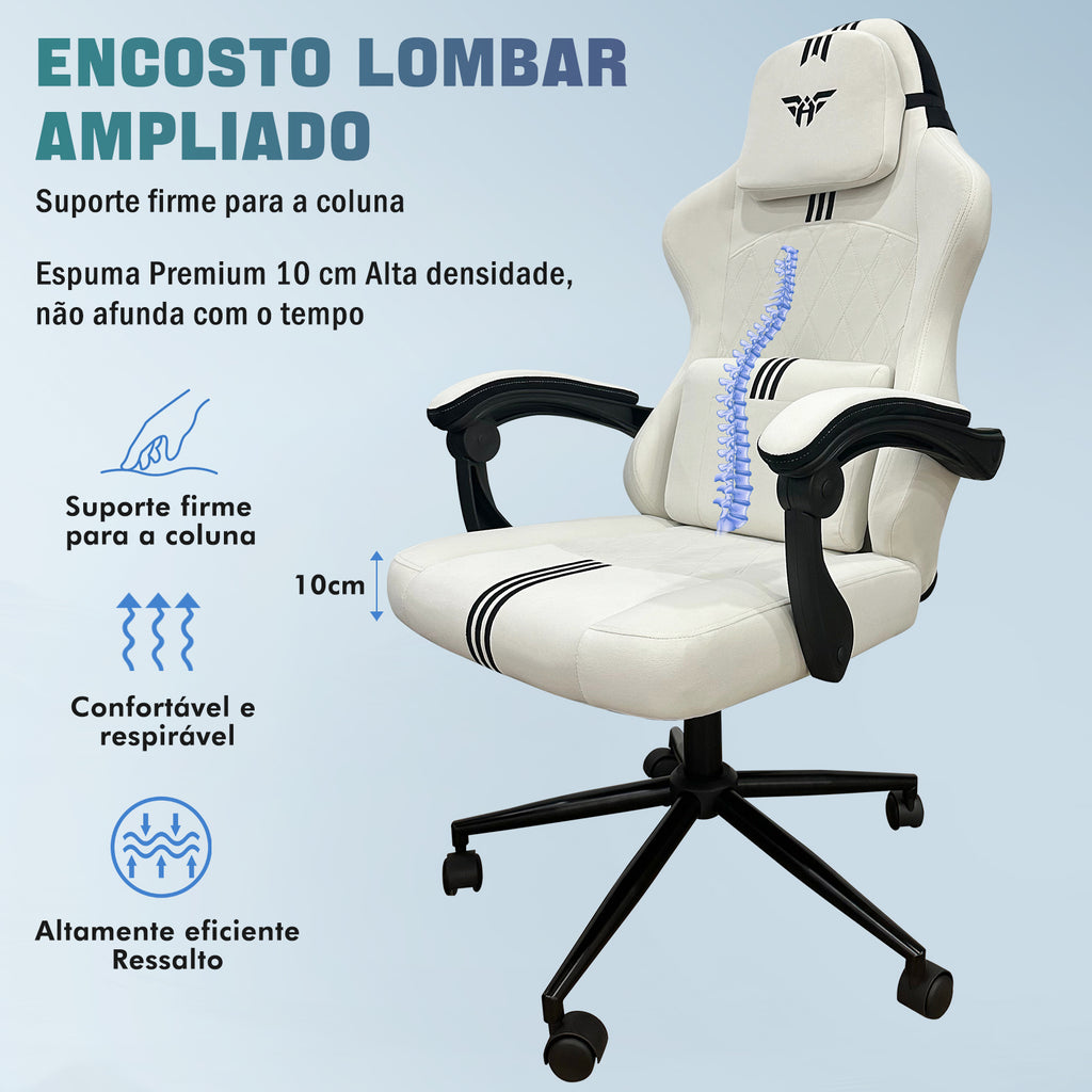 Cadeira gamer com pistão classe 3, base metálica reforçada e rodas anti-risco para piso