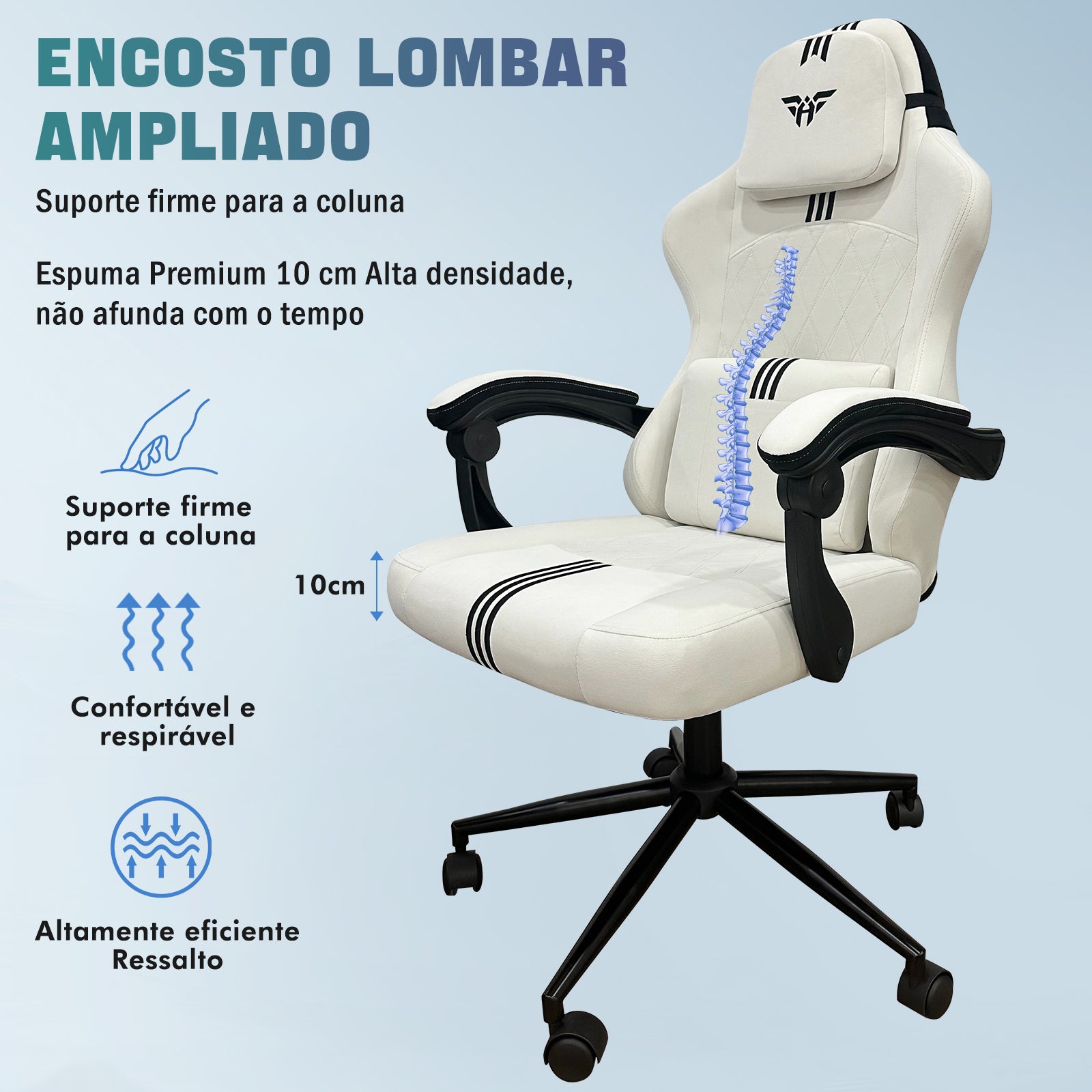 Cadeira gamer com pistão classe 3, base metálica reforçada e rodas anti-risco para piso