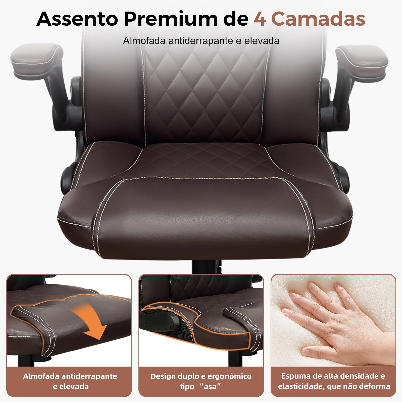 Assento de 4 camadas com espuma de alta densidade, antiderrapante e confortável para uso prolongado